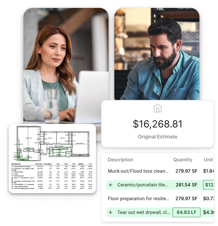 ClaimsFlow - Property damage estimate showing modern house exterior with floor plan blueprint and detailed cost breakdown including muck-out/flood cleanup, ceramic tile work, floor preparation, and drywall tear out services totaling $16,268.81