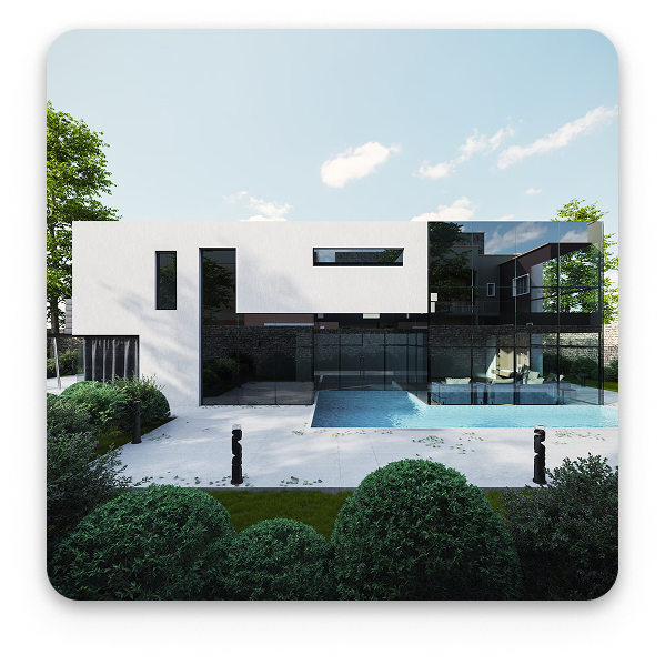 Modern minimalist house with swimming pool and landscaped grounds