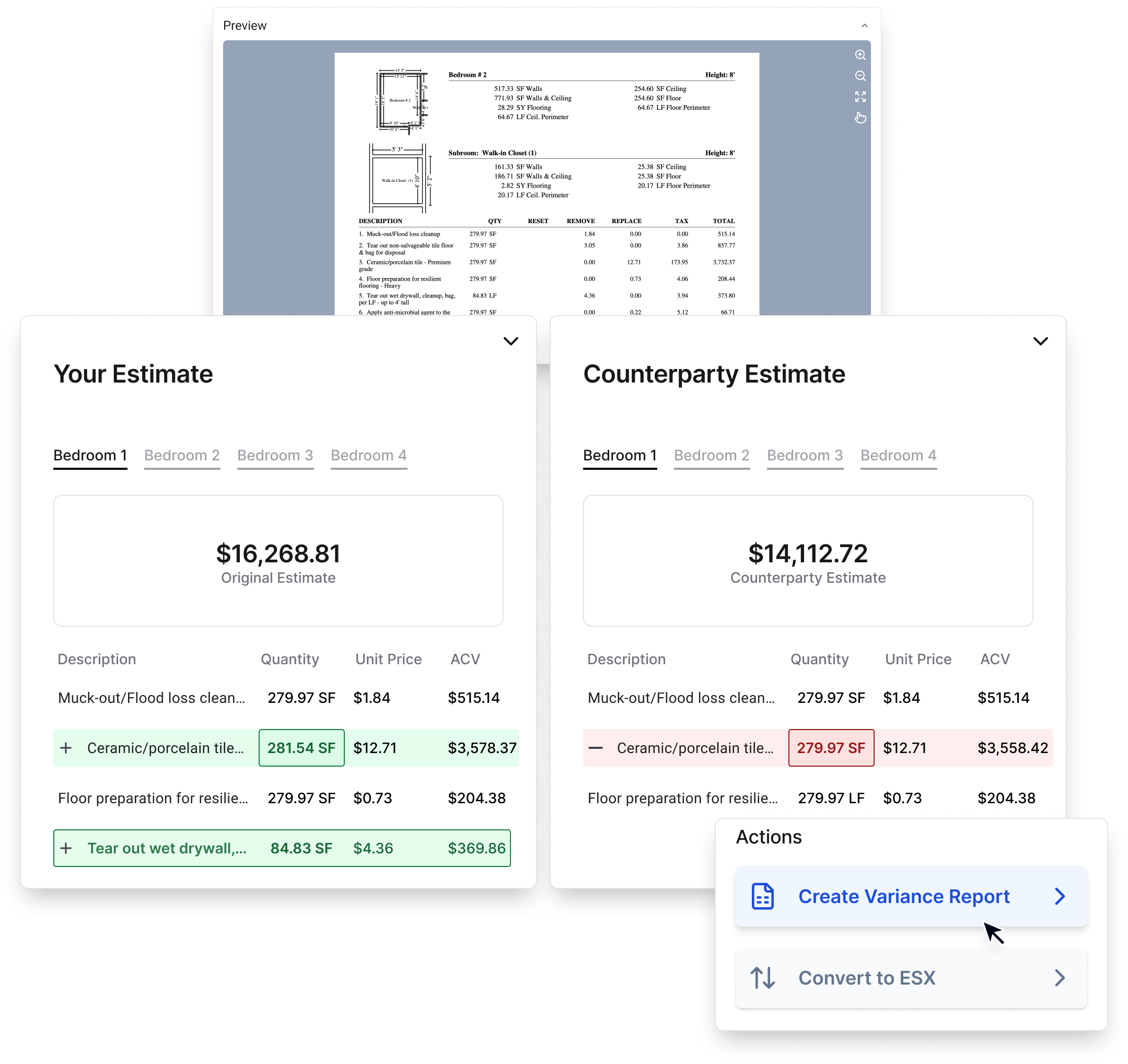 Detailed Estimate Reconciliation Dashboard showing side-by-side comparison of Your Estimate ($16,268.81) vs Counterparty Estimate ($14,112.72) with room-by-room breakdown, line item details including muck-out/flood cleanup, ceramic tile work, floor preparation, and tear out services, variance highlighting with green additions and red subtractions, and action buttons for creating variance reports and ESX conversion