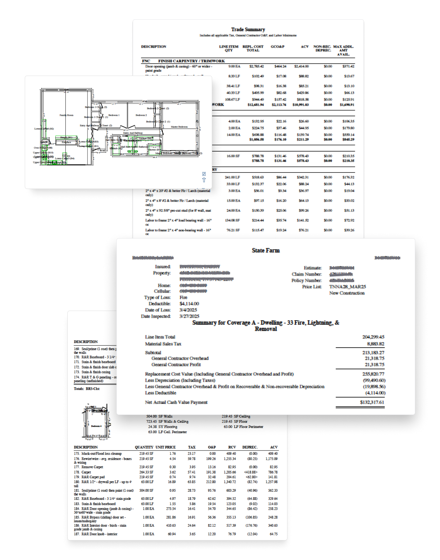 Detailed Insurance Estimate Document showing floor plan blueprint, State Farm claim details, trade summary with finish carpentry line items, and comprehensive cost breakdown for fire damage restoration